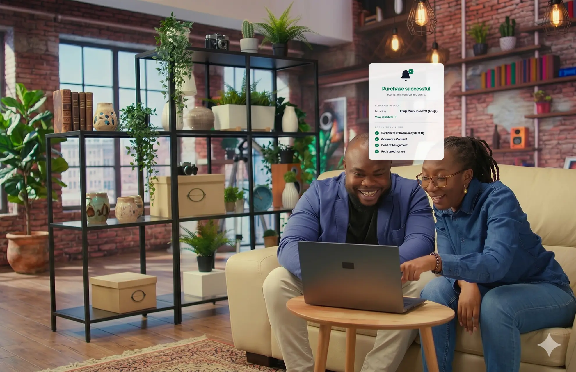 A couple reviewing their land purchase confirmation, with verified documents listed in the success notification